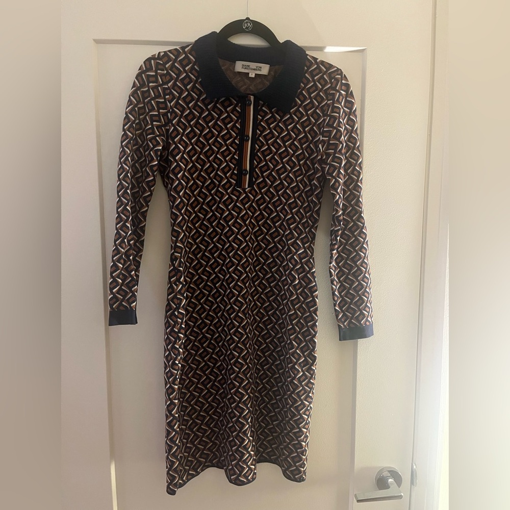 Diane Von Furstenberg Black and White Sheath Dress with Polo Collar